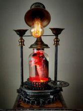 Steampunk Art Alchemy lamp for sale: Decorative piece of art with taxidermy rat.